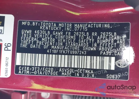 2015 Toyota Camry Le из США, поврежденный, VIN 4T1BF1FK7FU997243